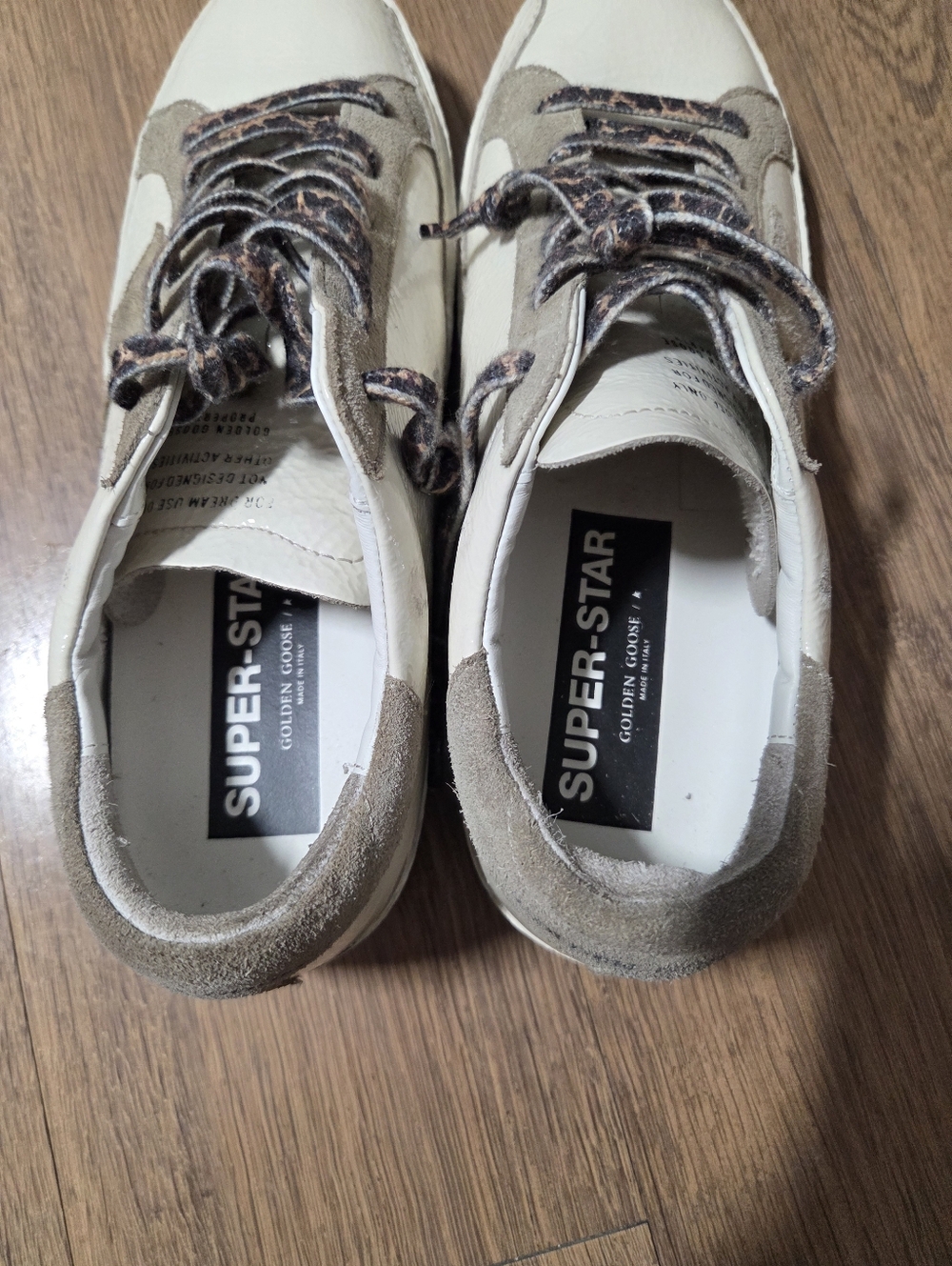 Golden Goose Cream Leather and Taupe Suede Sneakers with Animal Print Laces - Picture 5 of 9